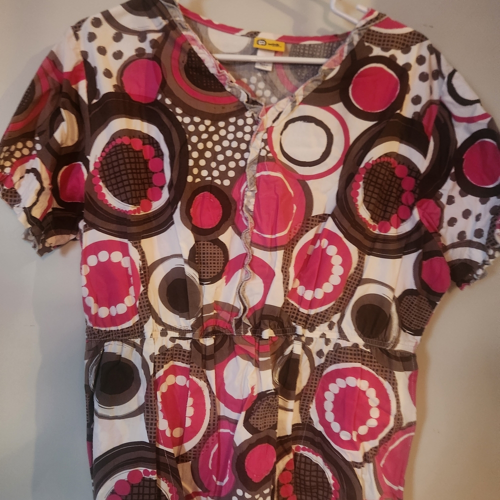 Smart Scrubs Pink and Brown Geometric Scrub Top